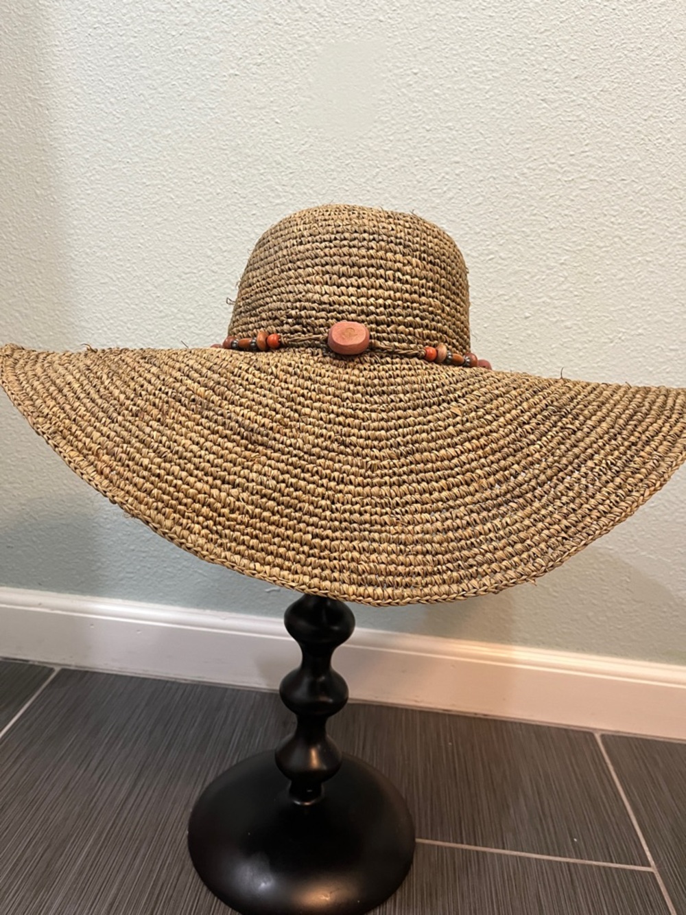 Wide Brim Boho Straw Sun Hat with Beaded Trim - Tan